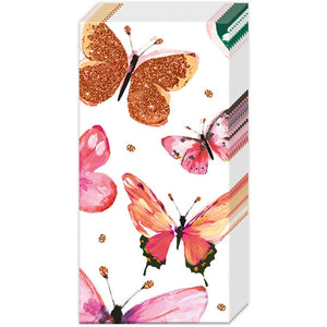 These butterfly tissues are the perfect size to put in your purse, your car's glove box or to stick in a little gift for someone!  4 PLY - 10 paper tissues per package  4" X 2"   Made in Germany