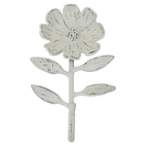 Add a touch of whimsy to your walls with our flower wall hook!. This cast iron hook features a simple flower shape with dainty leaves finished with a distressed matte chalk-paint like white with charcoal undertones. Great for decorative purposes as well as a functional hook for holding your favorite accessories or garden tools.  Weight capacity is 6.5lbs -Inset keyhole hanger at the back allows for easy hanging (hardware not included).  4" l x 2" w x 7.3" h