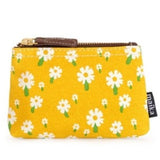 These sweet daisies on a yellow background make such a cute & happy print! All of our bags are printed on recycled canvas with eco-friendly pigment inks. This small pouch is ideal for daily essentials or as a clutch. The interior waterproof lining makes cleaning a breeze, and the zipper ring hooks nicely onto our totes... easy peasy!  5” x 4” x 1” Made in India