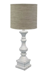 This striking antiqued white lamp base has brown, ivory, and greys markings. The beautiful shade features grey, brown, and ivory tones for an elegant contrast.  28"H x 12"W