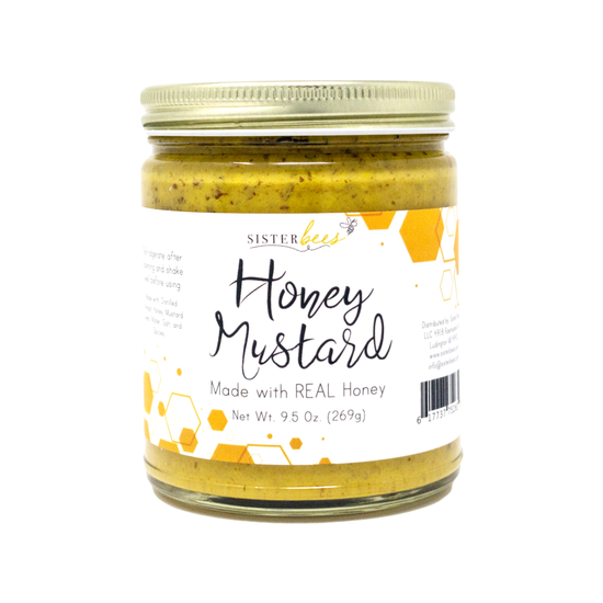 Sweet and Spicy Goodness Sister Bees real honey mustard uses the highest quality ingredients including sweet Northern Michigan honey and zero added sugar. Try our mustard with pretzels, on a sandwich or a wrap, use as a spread on a salmon filet, toss with vegetables before roasting, or add it to a cheese board! If you're looking for premium honey mustard, you'll find it here.  9.5 oz. Made in the United States of America