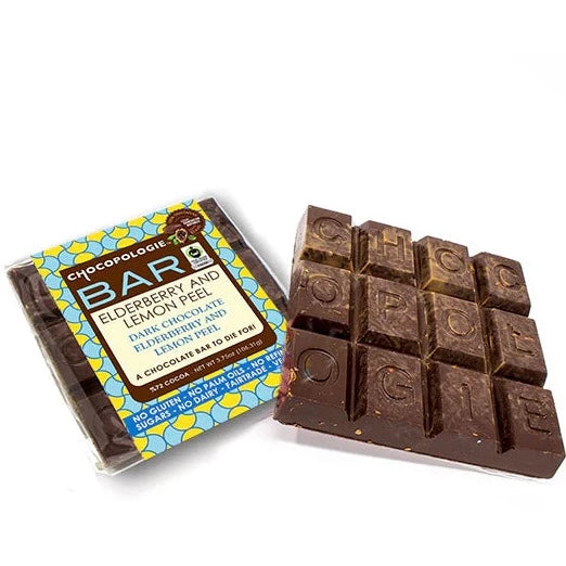Organic Elderberries and Lemon Peel infused into Organic and Fair Trade dark chocolate.  Vegan & Gluten Free  3.75 oz.   Fritz Knipschildt is a pioneer in the American artisan chocolate world.  Fritz changed the chocolate scene b bringing his knowledge of European chocolate to the USA in 1999