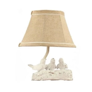10"H accent lamp featuring three little birds sitting on a log, preparing a song. White finish blends in any home decor. Great on countertops, books shelves, on a small table. Can be used as a night light. Takes a 25watt candle bulb. Not included.  9.25" l x 6.25" d x 10" h