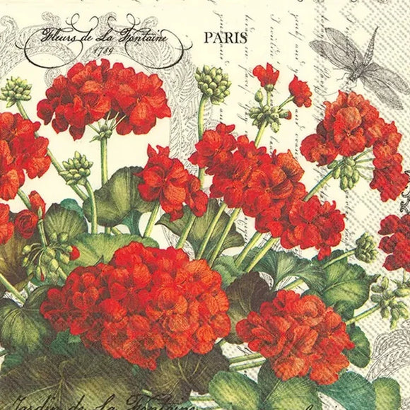 Be the Hostess with the Mostess at your next gathering with these beautiful French-inspired cocktail napkins with red geraniums on a cream background!  Materials - paper  20 per pkg: 3 ply - 5 x 5 in.
