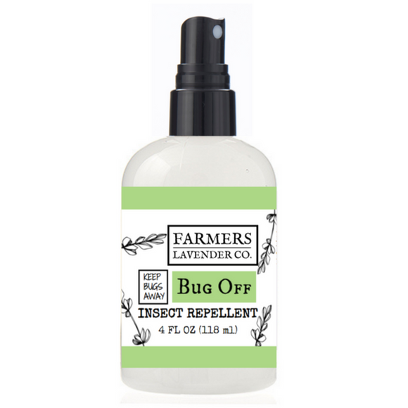 FARMERS Lavender Co. Bug Off Natural Insect Repellent is DEET Free and formulated with a highly effective Lavender essential oil blend that naturally repels pesky bugs. Our Bug Off leaves skin feeling silky and smooth.  Directions: Shake well. Apply liberally and evenly to exposed skin as needed. AVOID EYES. DO NOT INGEST.  Ingredients: Water, Octoxynol-13, Nonoxynol-12, Propylene Glycol, Glycerin, Methylchloroisothiazolinone, Methylisothiazolinone, Essential oils.  4 FL OZ