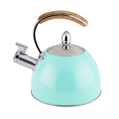 Why use a boring old kettle when you can have this bright shiny light blue gem grace your stovetop? An item this good-looking is worthy of constant display! 70 oz capacity Whistles when water is ready Works on all cooking surfaces Heat resistant handle.  Dimension: 9.25