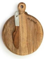 Set the table in style with this mini wood serving board that says "so good'" at the top. Included is a wooden spreader with a grey handle. It is so fun to serve your favorite cheeses or munchies on, or as a fun gift idea for a new homeowner.  5"w x 6.5"h  Acacia wood, Handwash Only, Food Safe