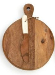 Set the table in style with this mini wood serving board. Included is a wooden spreader with a cream handle. It is so fun to serve your favorite cheeses or munchies on, or as a fun gift idea for a new homeowner.  5"w x 6.5"h  Acacia wood, Handwash Only, Food Safe